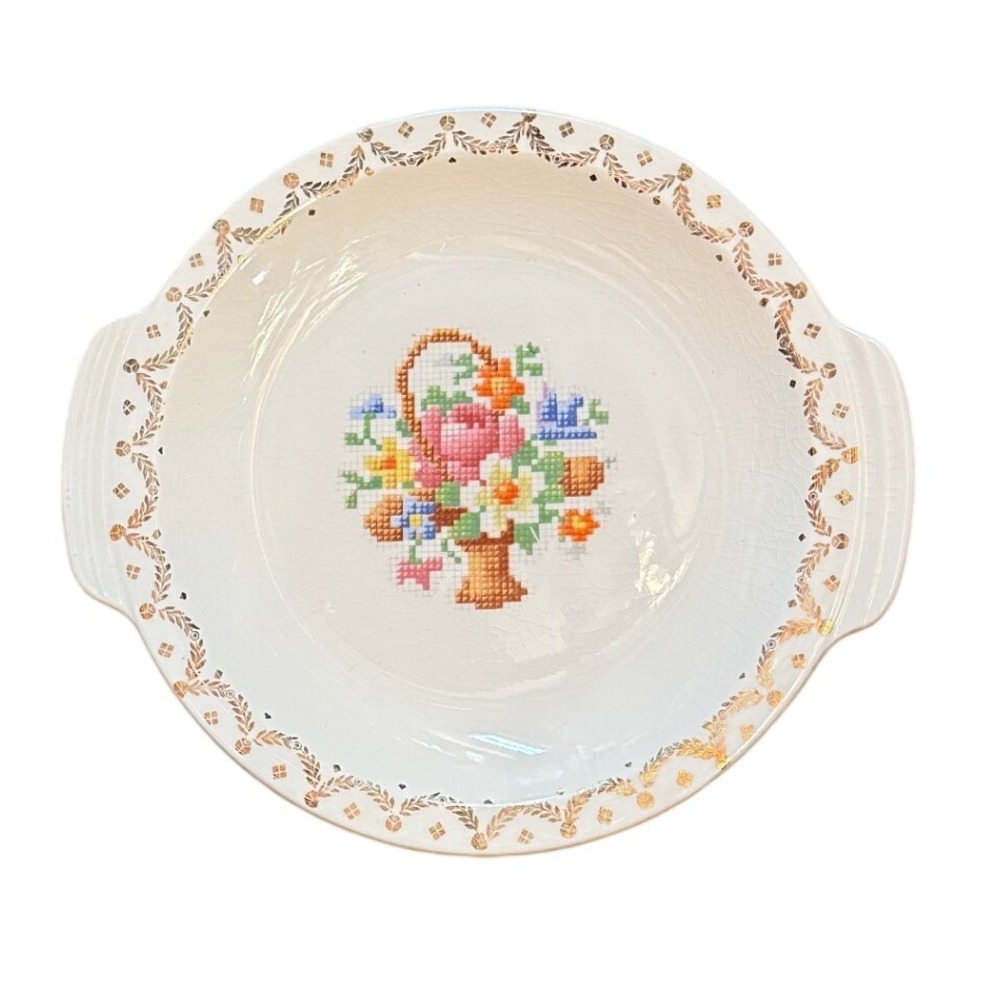 Vintage Century by Salem Cross Stitch Floral Plate 22K Gold Filigree Handles 8"